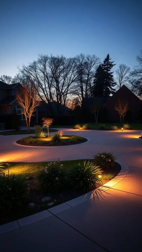 A circle driveway illuminated by soft lights, showcasing landscaping and trees against a twilight sky.