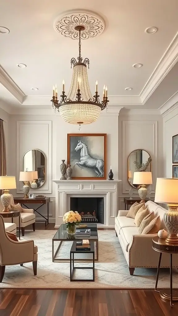 25+ Stunning Ralph Lauren Living Room Ideas for a Classic Makeover 10 A chic living room featuring a stunning chandelier, elegant table lamps, and stylish decor.