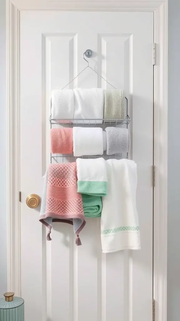Hanging towel organizer on a bathroom door with colorful towels