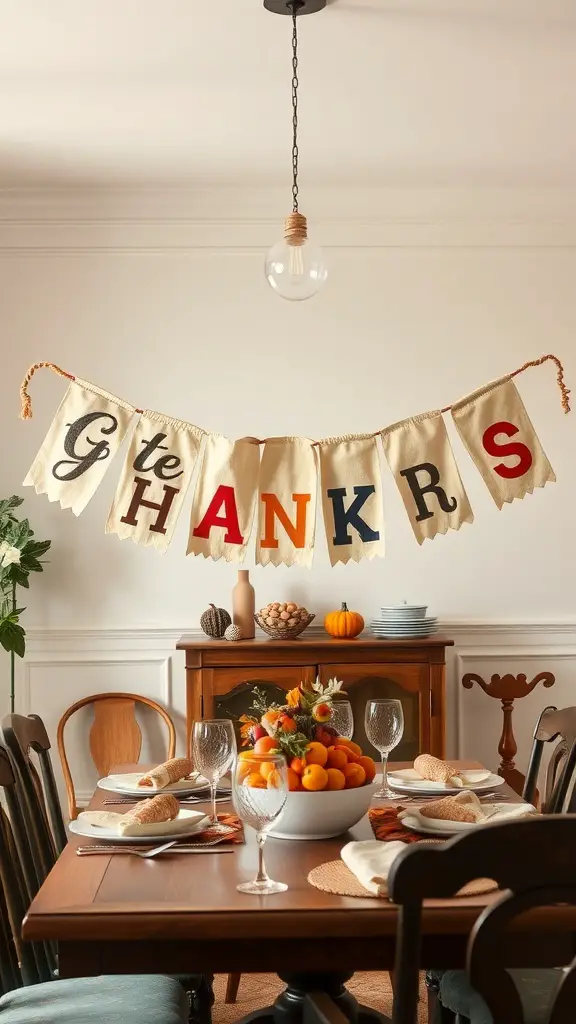 29+ Creative Thanksgiving Party Decorations You Need to Try 17 A Thanksgiving banner that spells 'THANKS' hanging above a festive dining table.