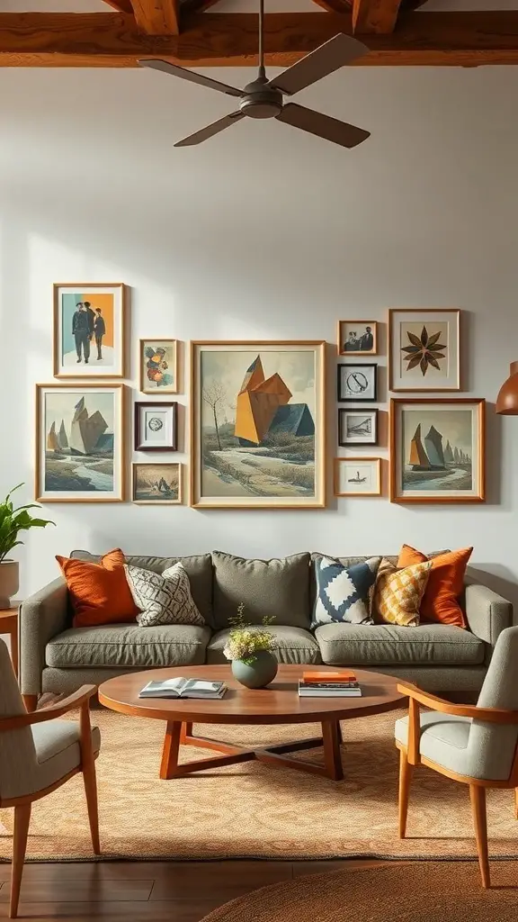 Gallery wall display in a vintage modern living room featuring black-and-white photographs and artistic prints.
