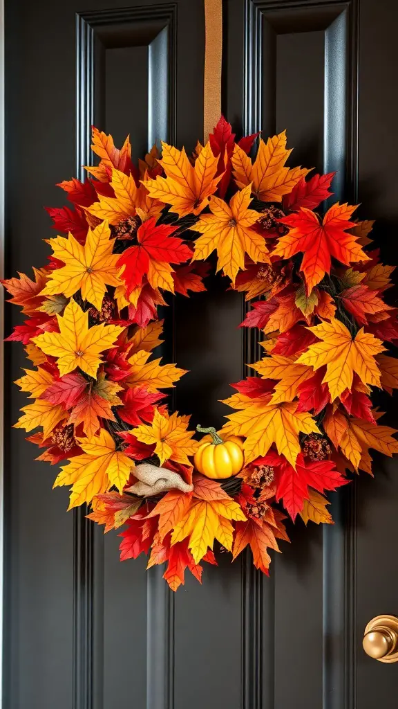 29+ Creative Halloween Craft Ideas to Spookify Your Home 15 A vibrant autumn leaf wreath with red, orange, and yellow leaves, featuring a small pumpkin, hanging on a black door.