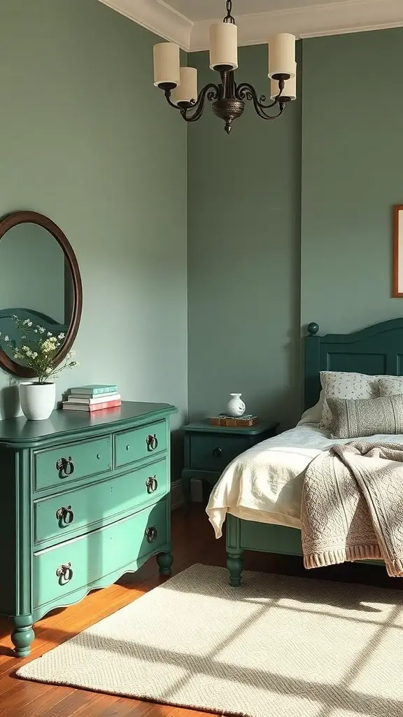 35+ Stunning Dark Green Bedroom Ideas for a Cozy Retreat 3 A cozy bedroom featuring vintage dark green furniture, including a dresser and nightstand, with soft textiles and warm lighting.