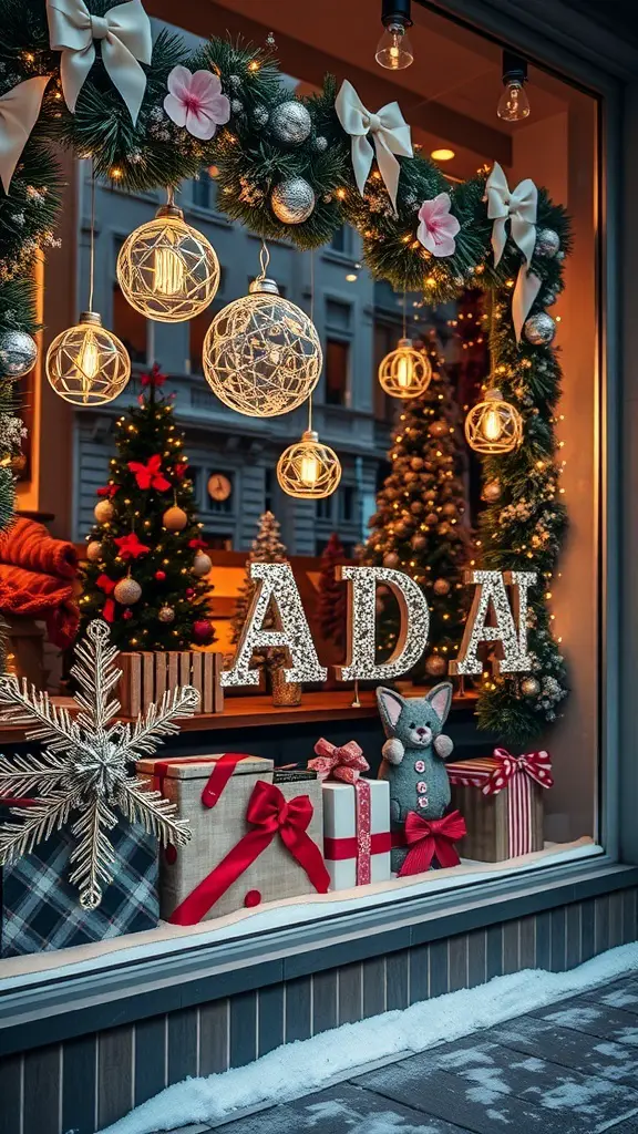 A holiday-themed window display featuring a garland, ornaments, gifts, and a stuffed fox.