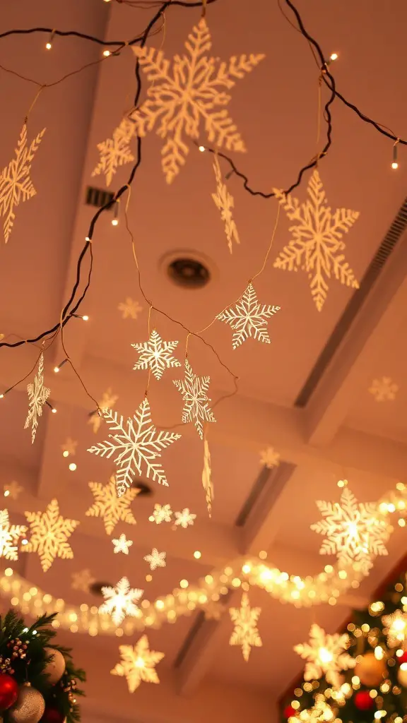 37+ Festive Christmas Room Decor Ideas to Transform Your Space 16 Hanging snowflake decorations with lights in a festive setting
