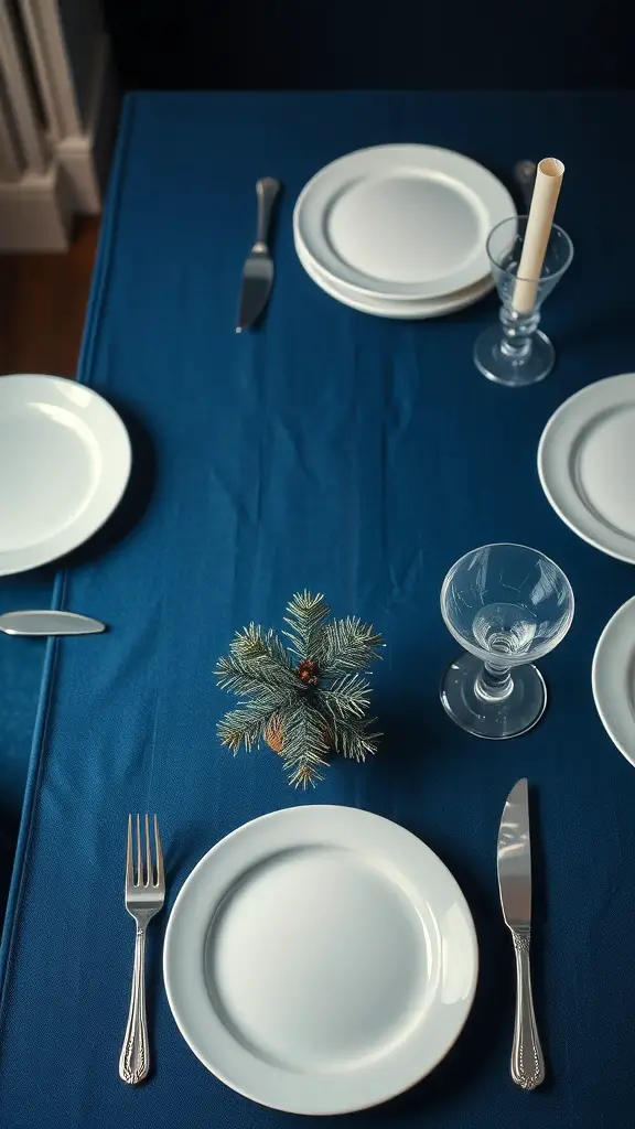 37+ Stunning Blue Christmas Decor Ideas for a Festive Winter Wonderland 12 Navy blue table setting with white plates and a small pine decoration