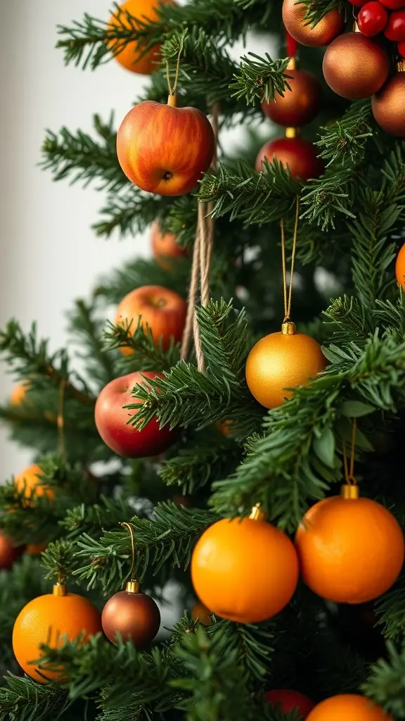 27+ Stunning Christmas Tree Décor Ideas You’ll Love 12 A Christmas tree decorated with fresh fruit accents including apples and oranges, alongside traditional ornaments.