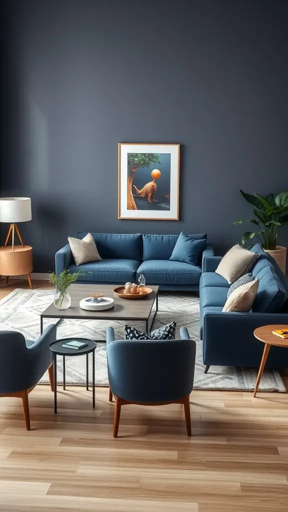 29+ Stunning Navy Blue Living Room Ideas to Transform Your Space 11 A stylish navy blue living room featuring a navy sofa, accent chairs, and a coffee table.