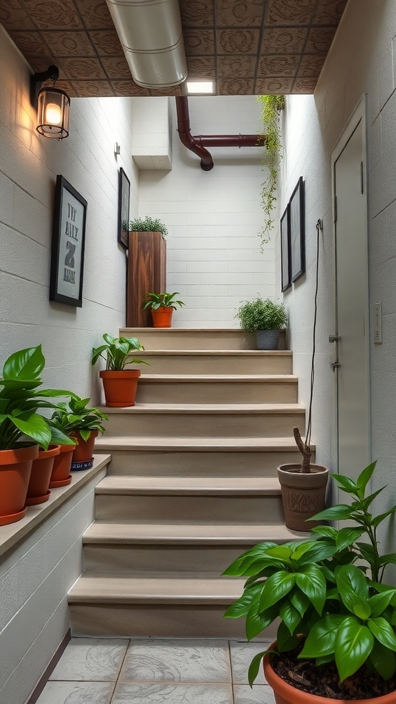 29+ Creative Basement Stairwell Ideas to Transform Your Space 13 A well-lit basement stairwell with various indoor plants in pots, creating a fresh and inviting atmosphere.