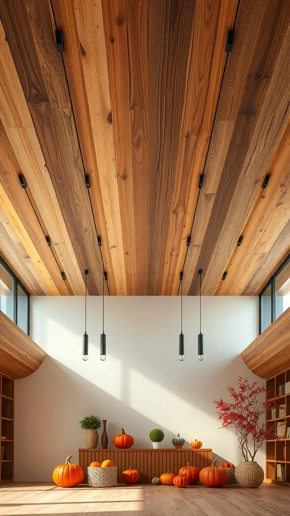 27+ Stunning Fall Ceiling Designs to Inspire Your Home Decor 16 Interior view of a room with an acoustic wood ceiling, featuring pumpkins and plants.