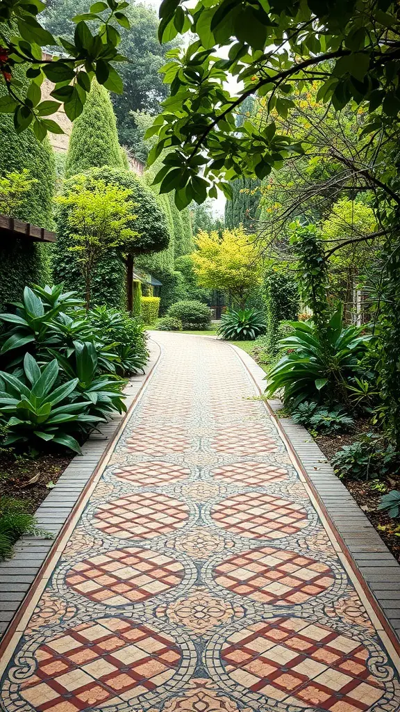 23+ Creative Garden Path Ideas for a Stunning Outdoor Journey 11 A beautiful vintage tile mosaic path surrounded by lush greenery in a garden.