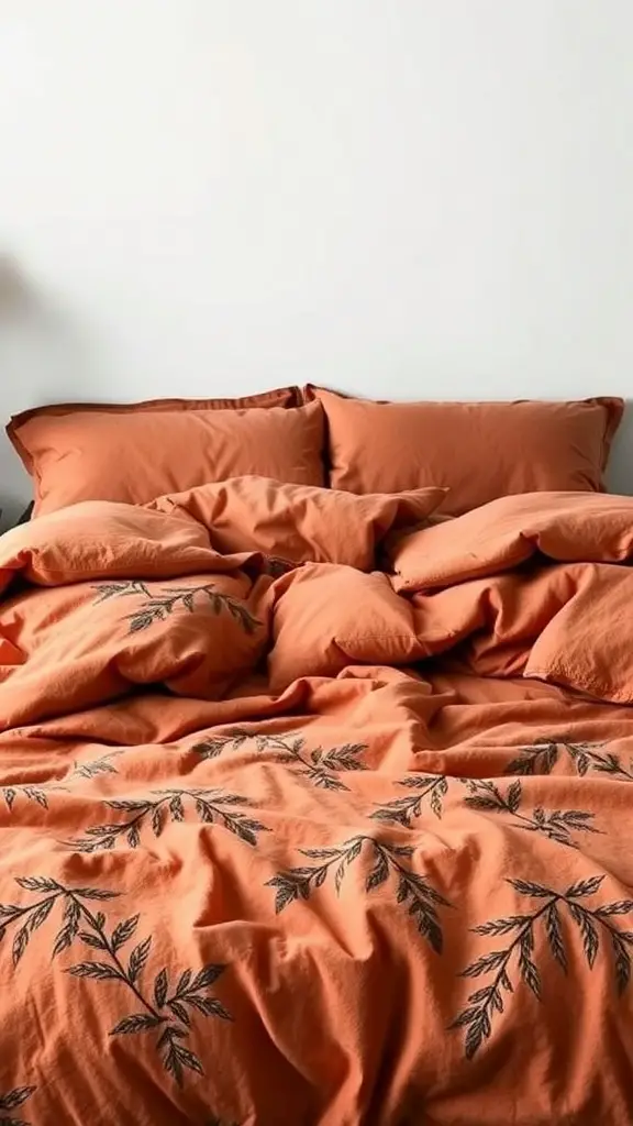 Cozy orange duvet cover with leaf patterns on a bed
