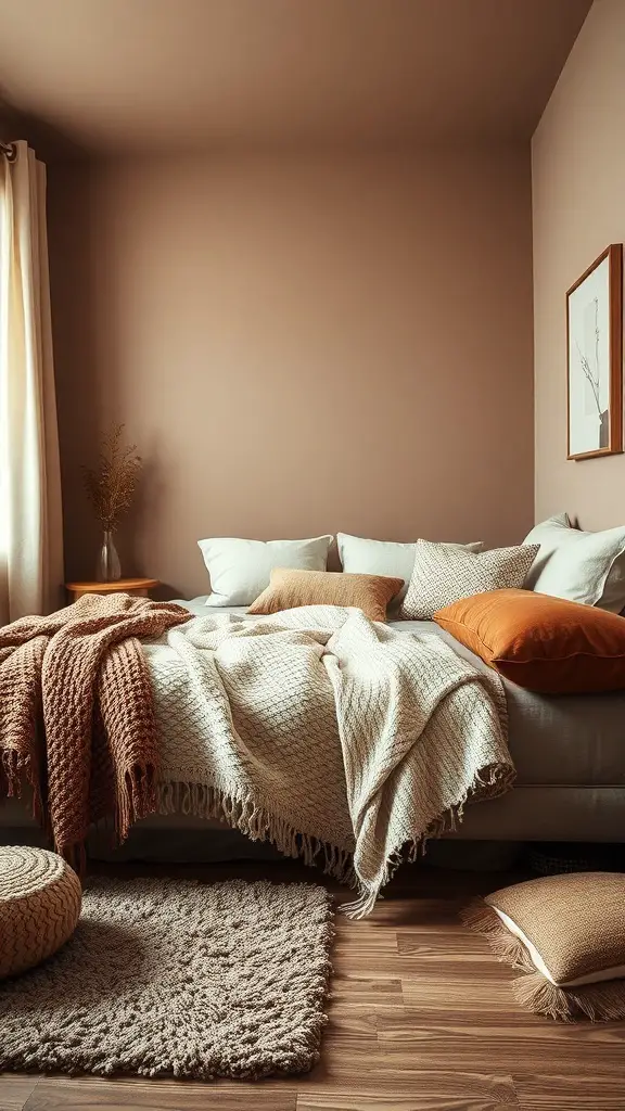 A cozy bedroom with layered textures, featuring knitted blankets, cushions, and a plush rug.