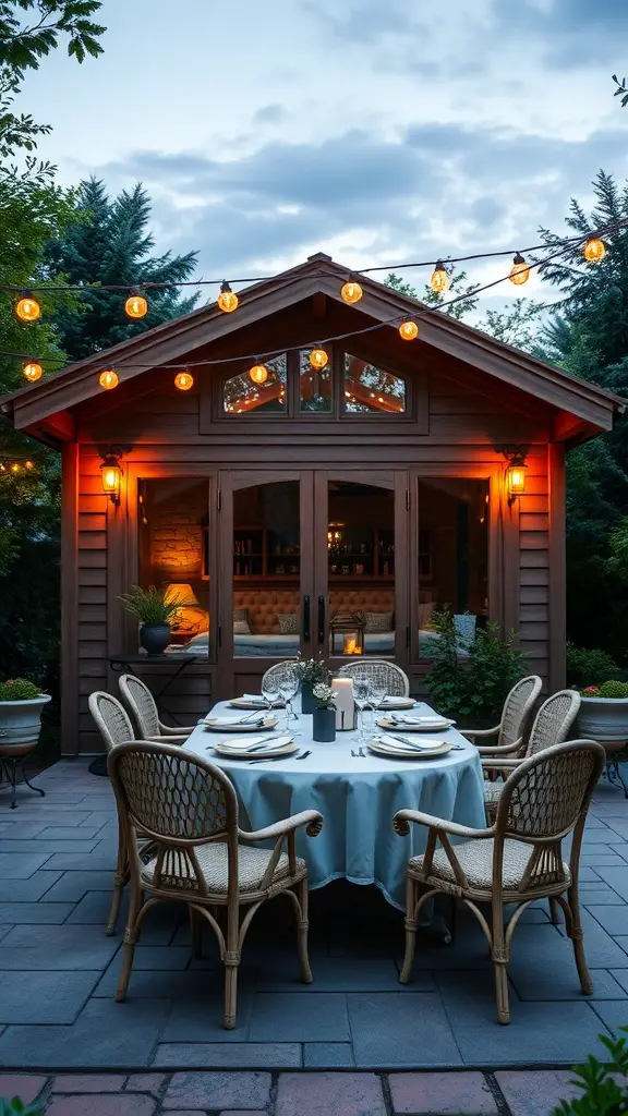 A cozy outdoor dining setup with a round table, chairs, and string lights near a garden cabin.
