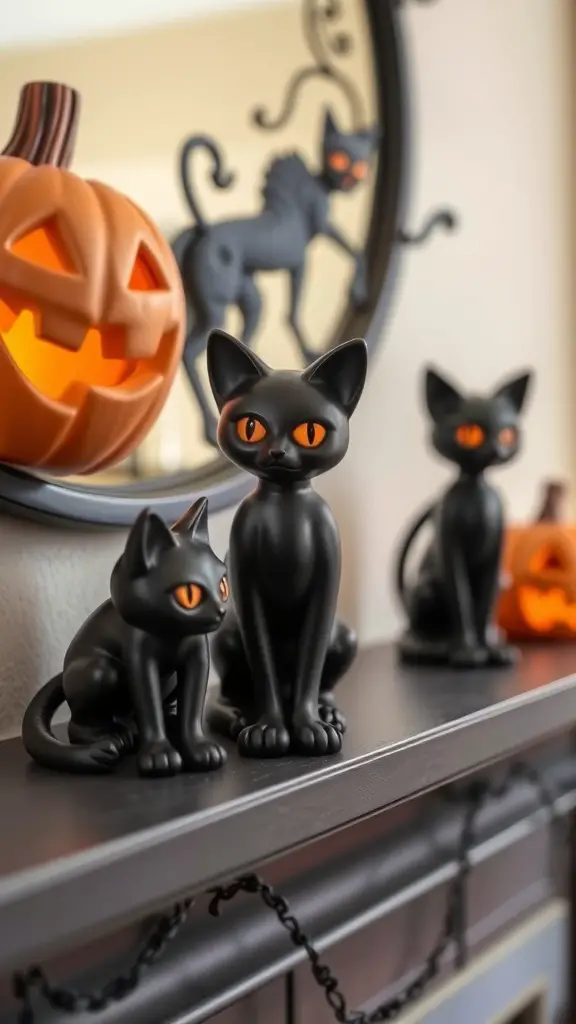 27+ Spook-tacular Halloween Mantel Decor Ideas with 15 Must-Have Items 11 A mantel decorated with black cat figurines and a glowing pumpkin for Halloween.