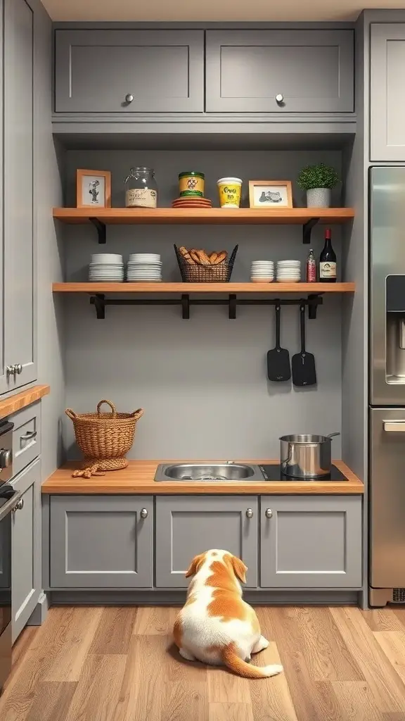 A cozy dog feeding station with storage compartments, featuring a dog sitting in front of a wooden countertop and shelves filled with dog supplies.