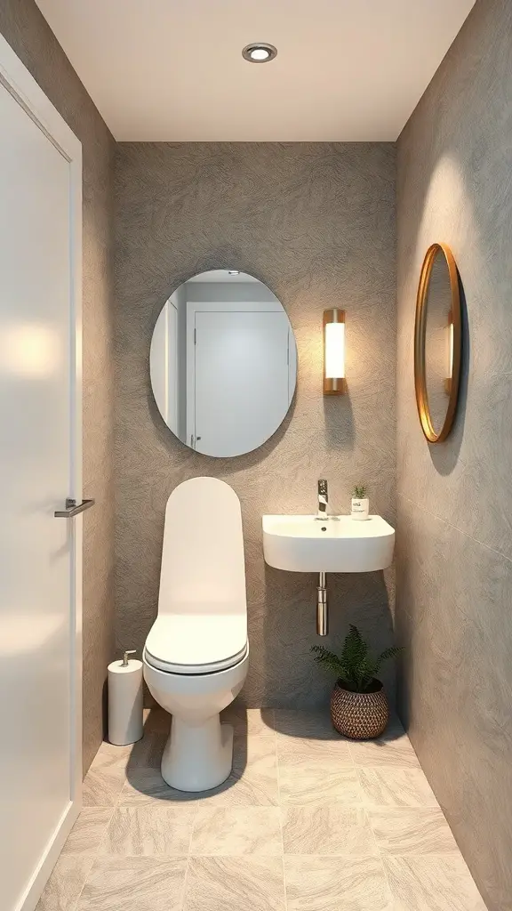 27+ Stunning Statement Powder Room Ideas to Transform Your Space 15 A modern powder room featuring a compact toilet, a sleek sink, round mirrors, and decorative plants.