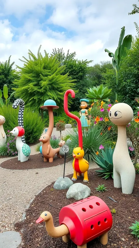 Colorful garden art installations featuring playful animal sculptures and whimsical designs.