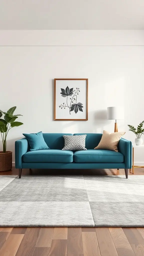 A living room featuring a teal couch with decorative pillows, a light rug, and a plant.