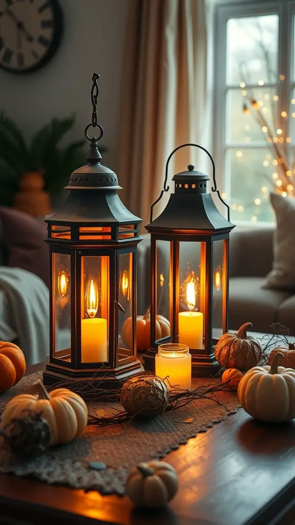 Two vintage lanterns on a coffee table surrounded by pumpkins and natural decor.