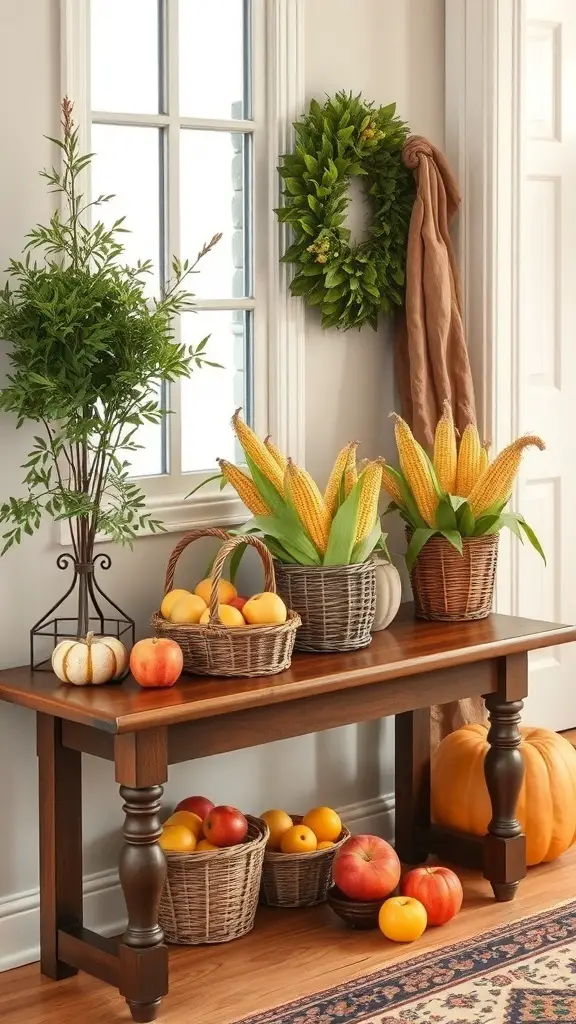 27+ Fall Entry Table Decor Ideas with 13 A harvest-themed entry table with baskets of fruits and decorative elements.