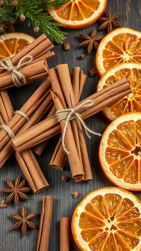 35+ Creative Fall Craft Ideas You’ll Love 12 A collection of cinnamon stick bundles tied with twine, surrounded by dried orange slices and star anise.