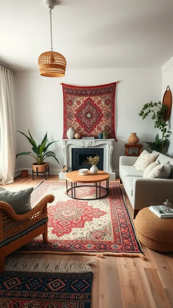 A cozy living room with layered rugs, plants, and warm lighting.