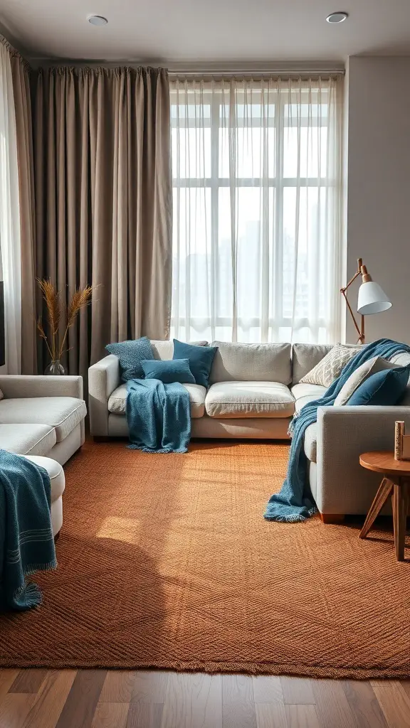 A cozy living room with a brown rug and blue throws on the sofas.