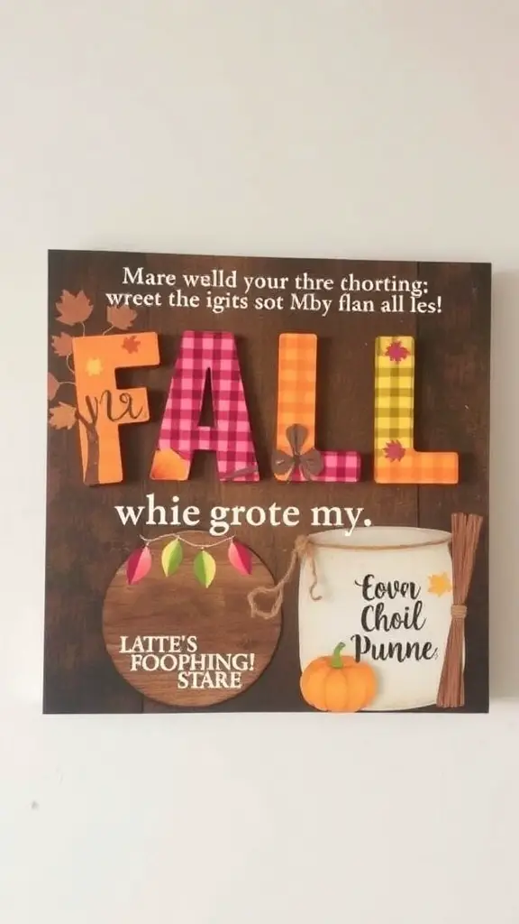 A cozy fall wall art display with pumpkins, autumn leaves, and a quote about the season.