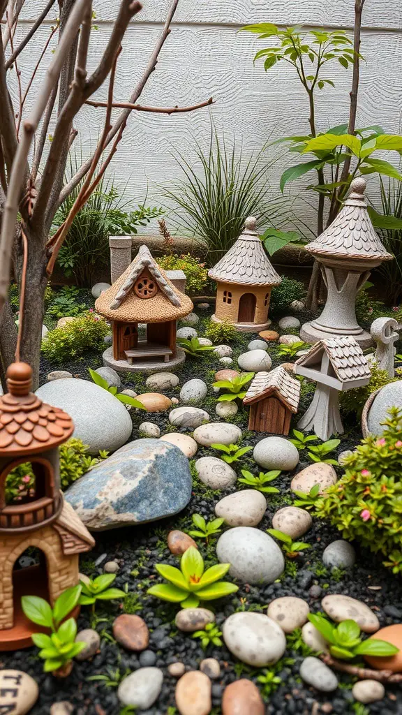 35+ Charming Small English Garden Ideas to Transform Your Outdoor Space 10 A small garden featuring whimsical ornaments like miniature houses and birdhouses among pebbles and greenery.