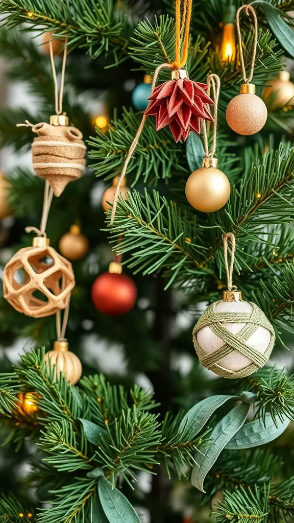 A close-up of a Christmas tree adorned with various eco-friendly ornaments, including woven and natural materials.