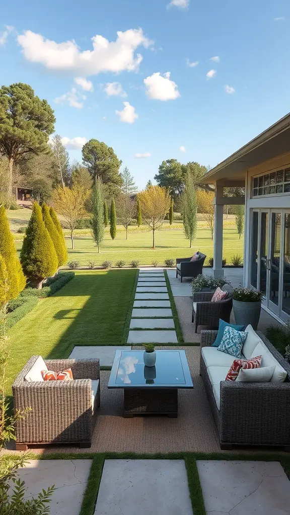 A well-designed outdoor patio with seating, stone pathway, and greenery.