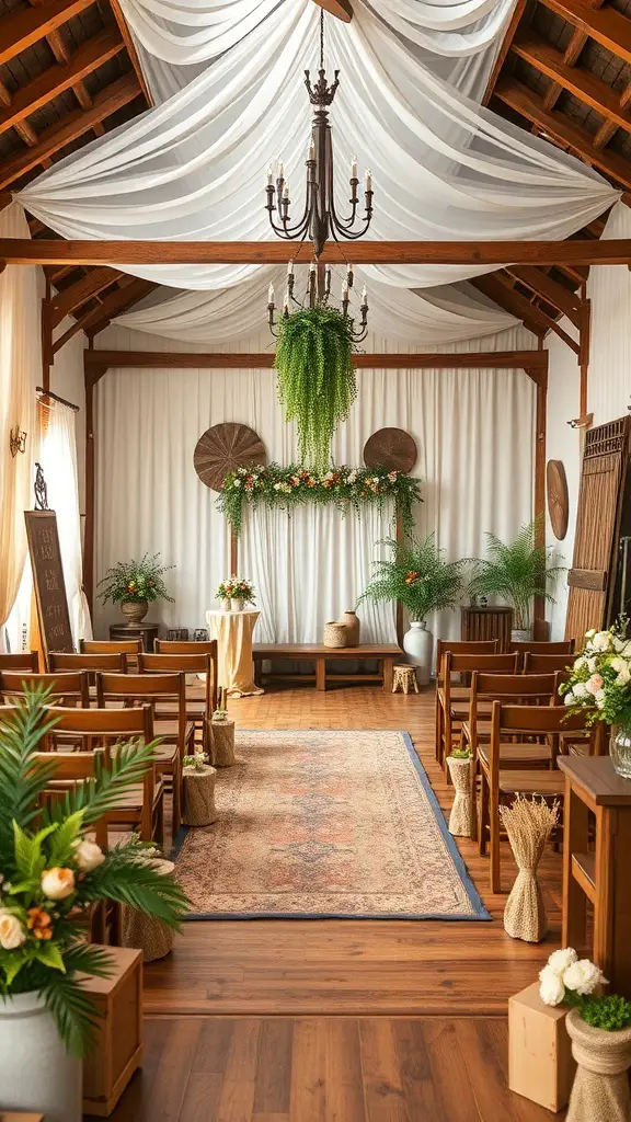27+ Stunning Wedding Theme Color Schemes to Inspire Your Big Day 7 A rustic wedding venue featuring earthy tones with wooden decor and greenery.
