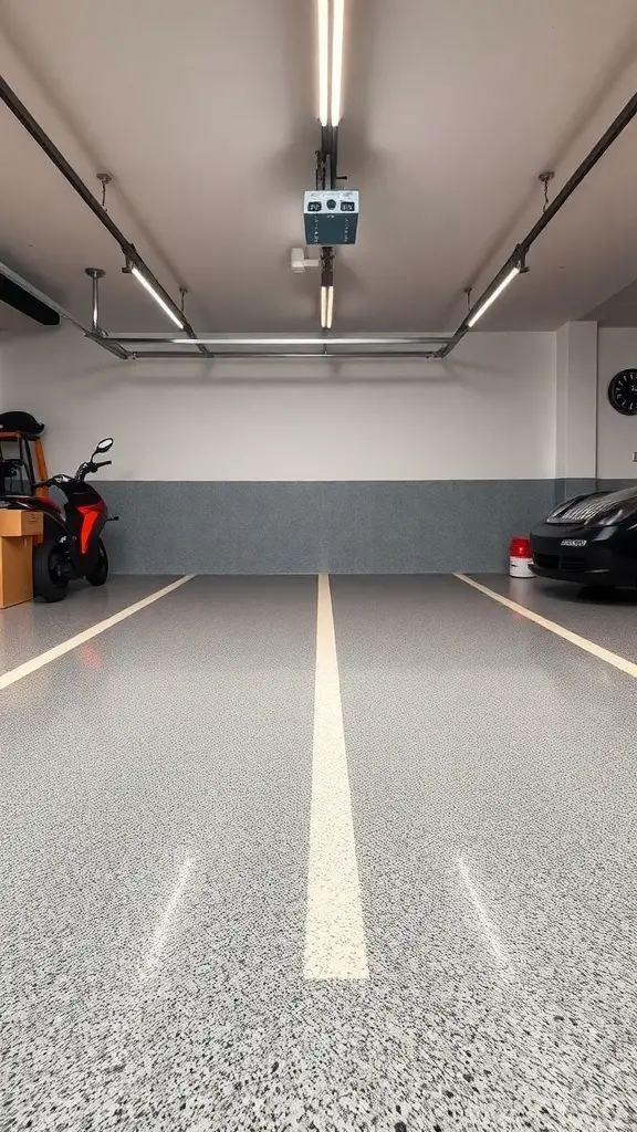 A modern garage with a two-tone epoxy floor pattern featuring light gray and darker accents.