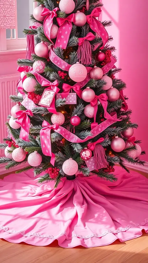 31+ Pink Christmas Tree Ideas to Brighten Your Holiday Décor 10 A beautifully decorated pink Christmas tree with matching ornaments and a soft pink tree skirt.