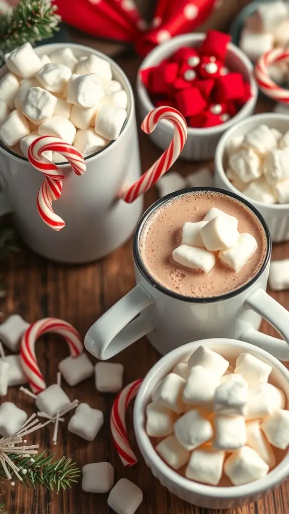31+ Creative Friendsmas Party Ideas You’ll Love 19 A festive hot chocolate bar with mugs of hot chocolate, marshmallows, candy canes, and holiday decorations.