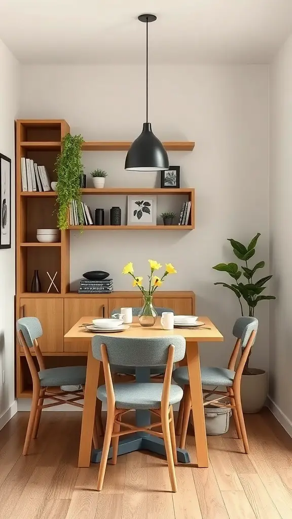 A small dining area with a wooden storage wall, a table set for four, and decorative plants.