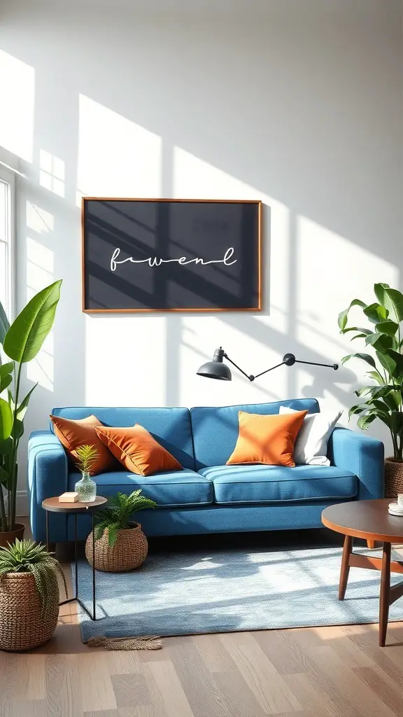 A bright blue sofa with orange cushions surrounded by greenery in a well-lit living room.