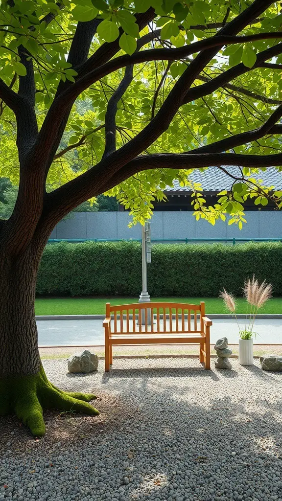 A serene outdoor space featuring a wooden bench under a large tree, surrounded by gravel and decorative stones.