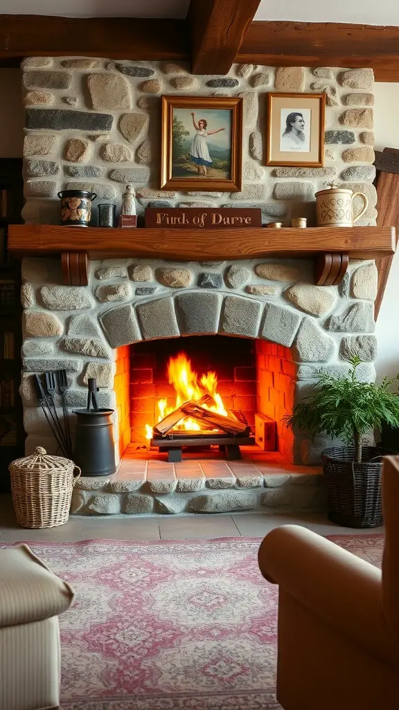23+ Cozy English Cottage Living Room Ideas for a Warm Home Aesthetic 13 A cozy stone fireplace with flames, framed pictures above, and decorative items in a living room.