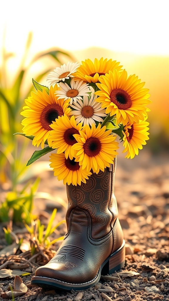 25+ Creative Cowboy Boot Centerpieces for Your Next Event 20 A cowboy boot filled with sunflowers and daisies, set against a warm background.