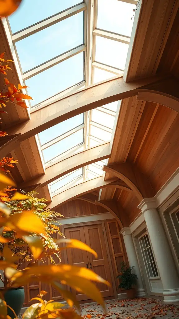 27+ Stunning Fall Ceiling Designs to Inspire Your Home Decor 10 Interior view of a vaulted ceiling with skylights and wooden beams, featuring plants and warm lighting.