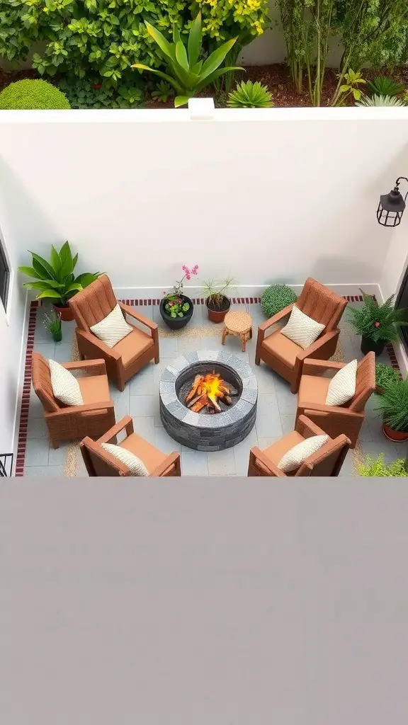 17 Stylish Patio Furniture Layout Ideas for Your Outdoor Space 6 A cozy patio with chairs arranged around a fire pit, surrounded by greenery.