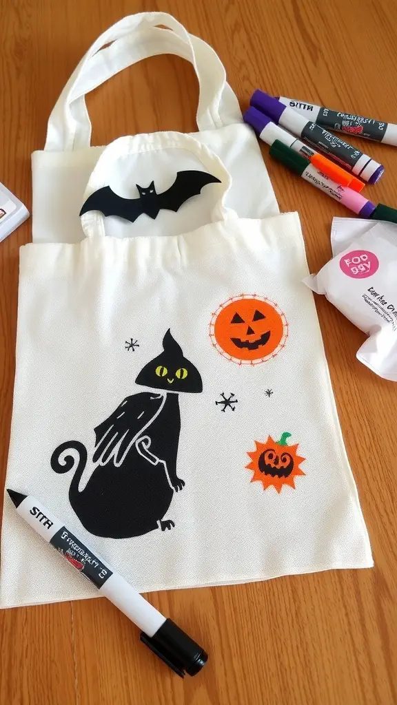 27+ Fun Halloween Crafts for Kids to Spook Up Your Season 11 Two children decorating Halloween trick-or-treat bags with markers, surrounded by pumpkins and craft supplies.
