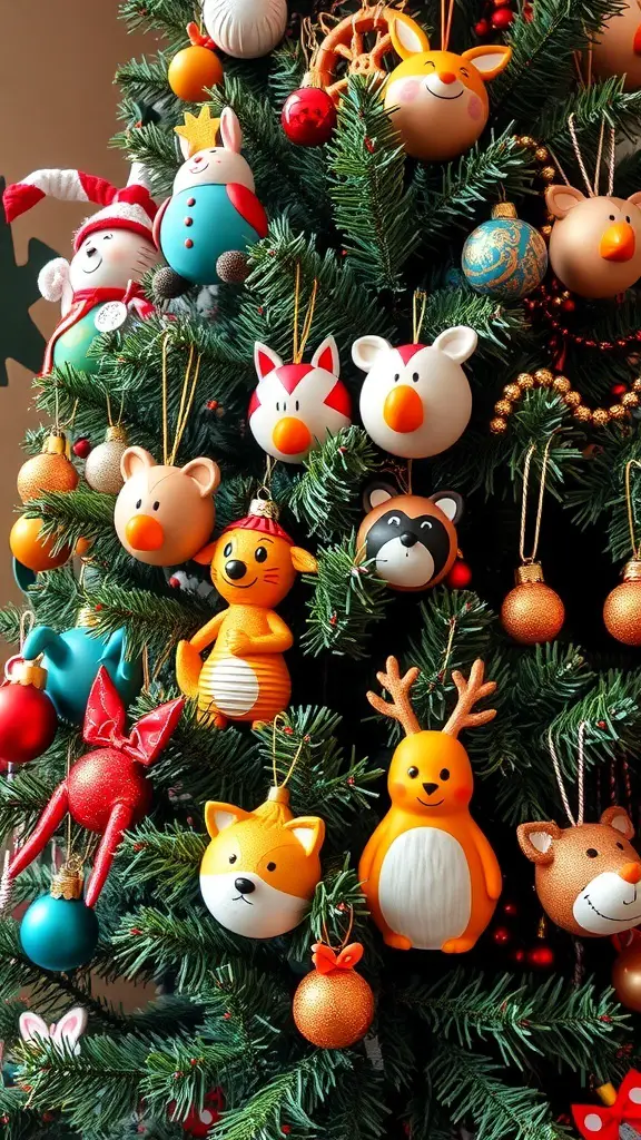 A Christmas tree adorned with colorful whimsical animal ornaments, including foxes, raccoons, and snowmen.