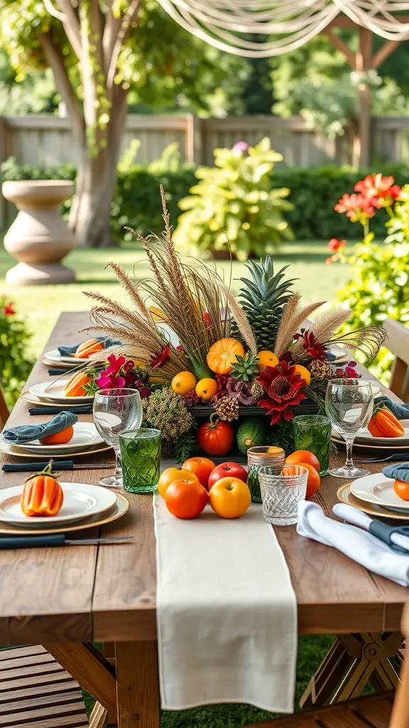 29+ Creative Fall Outdoor Decor Ideas to Transform Your Space 14 A beautifully arranged fall centerpiece featuring fruits, flowers, and grasses on a wooden dining table.