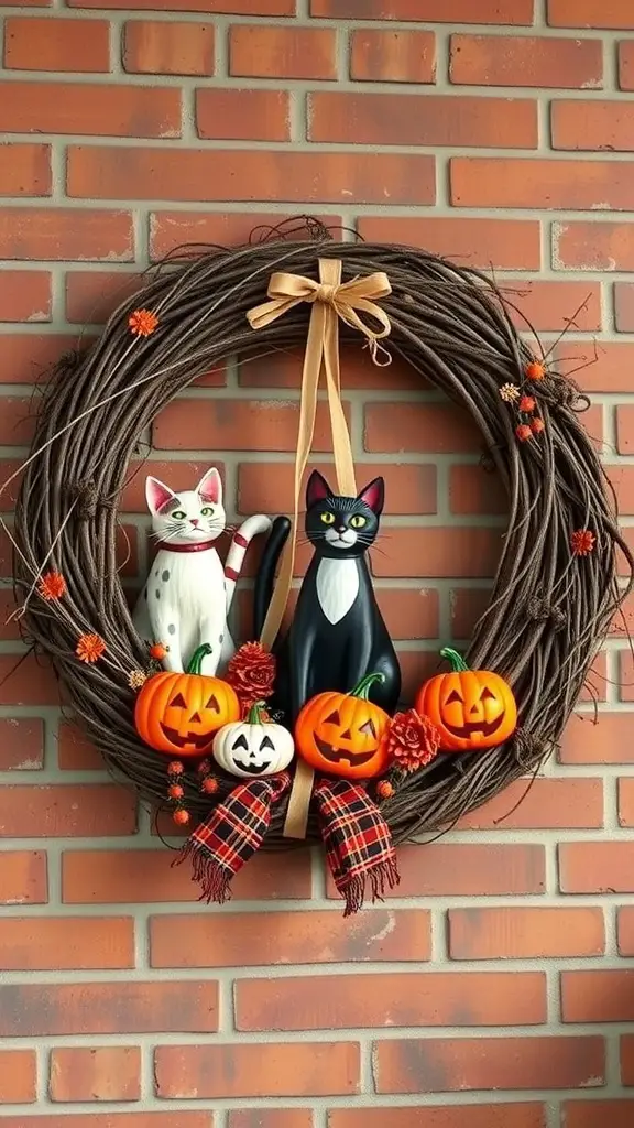 A vintage Halloween wreath featuring two cat figurines and pumpkins.