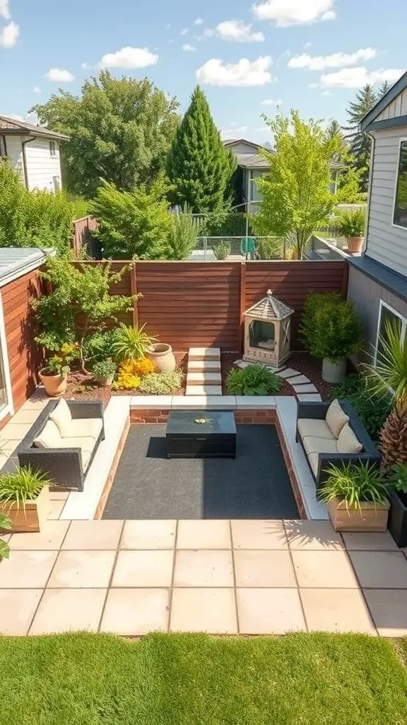 23+ Stunning Rectangular Backyard Design Ideas You’ll Love 6 A well-designed rectangular backyard with seating area, plants, and pathways.