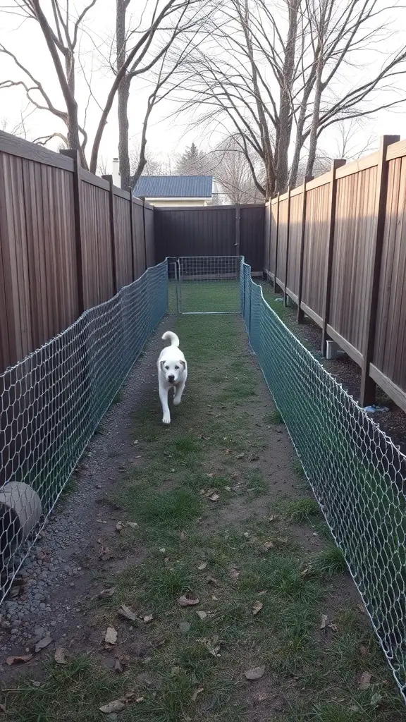 A dog running in a narrow fenced area in a backyard.