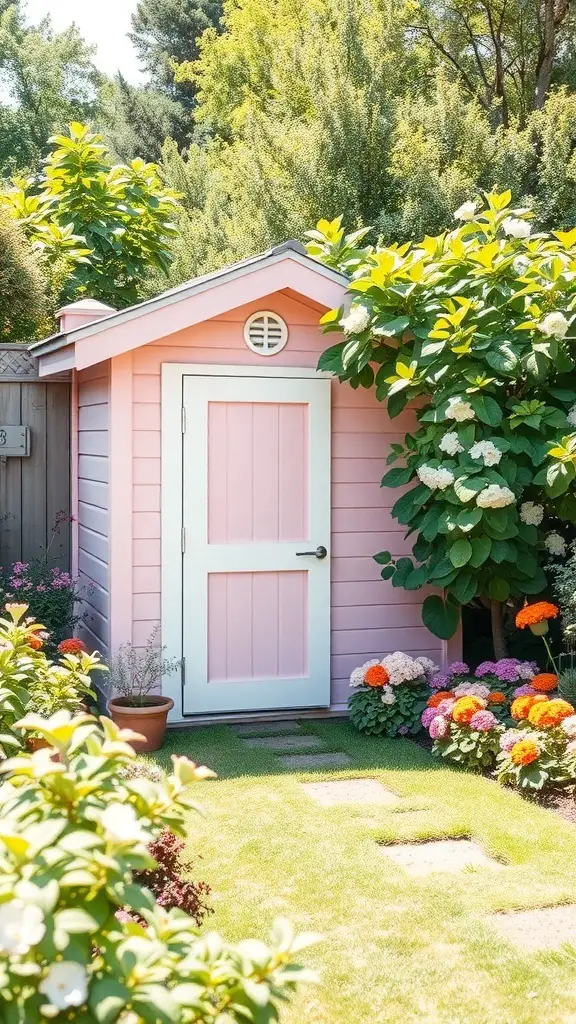 A charming pink garden shed surrounded by colorful flowers and greenery.